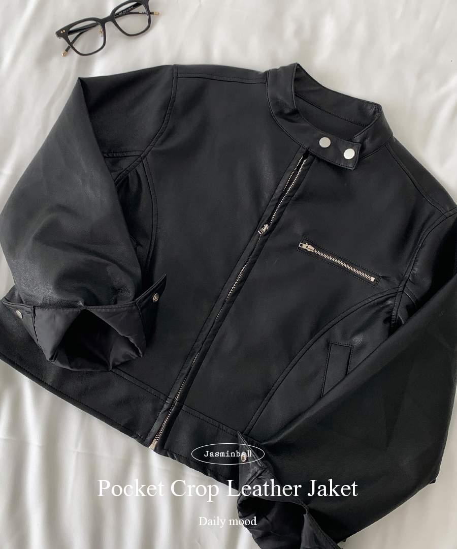 ノーカラーポケットクロップドレザージャケット | ファッション通販