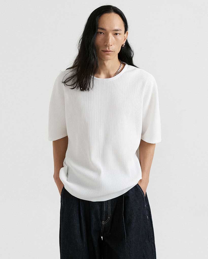 PS08X Pleated Round Short Sleeve T-Shirt [Ivory