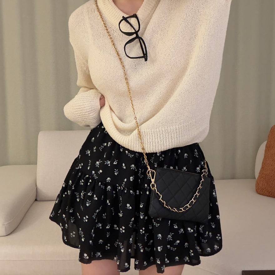 (2color)フラワー柄ポケット付きウエストゴムティアードスカート