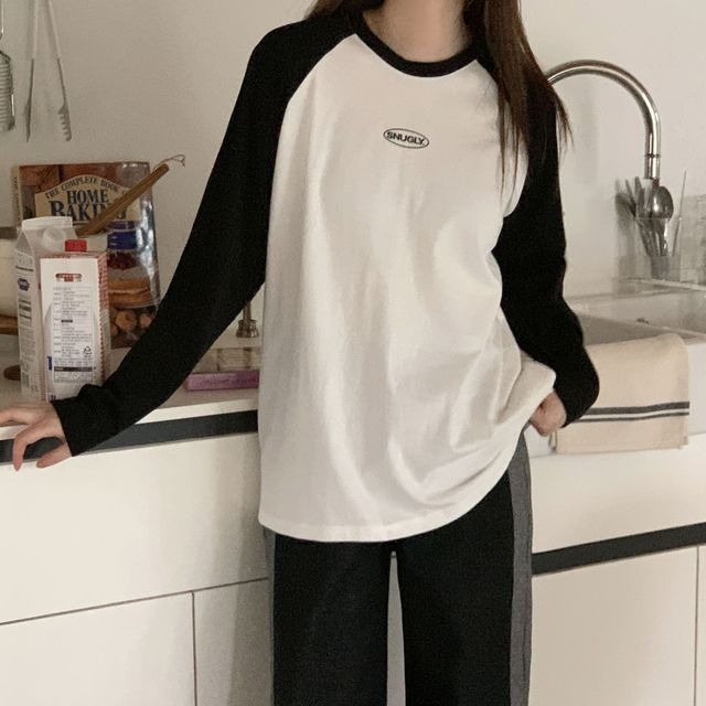 4color]バイカラーオーバーサイズラグラン長袖ラウンドTシャツ