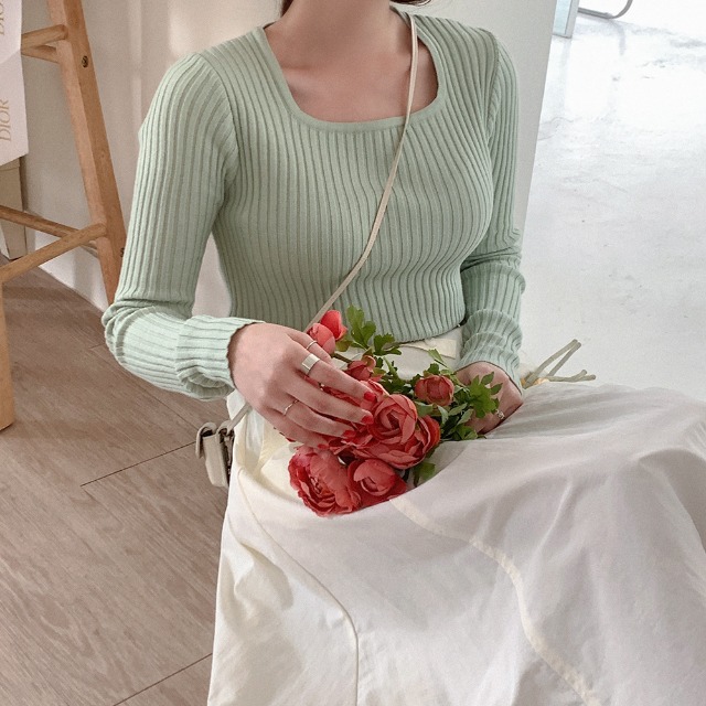 リブスクエアネックニットトップス | ファッション通販サイト NUGU