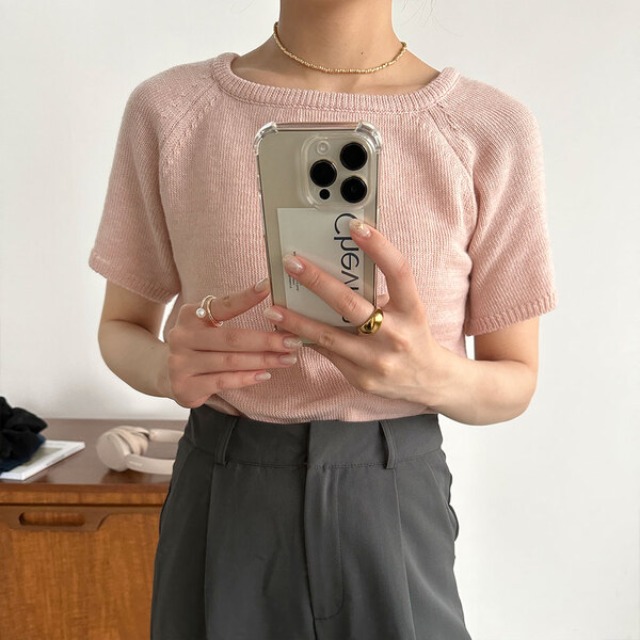 Uネック半袖ニット