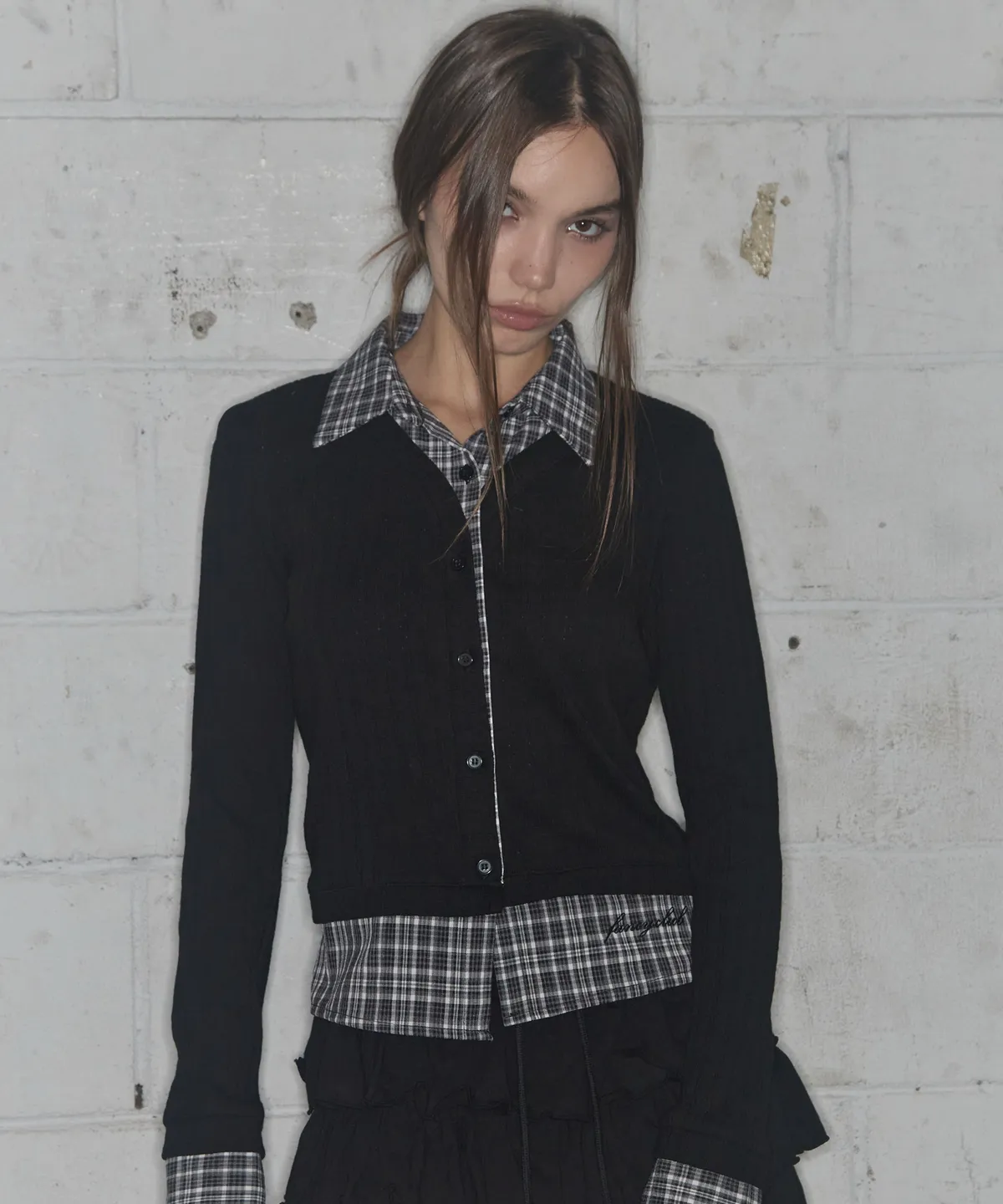 [Influencer pick] CHECK SHIRT LAYERED CARDIGAN (BLACK)_F24ZB066