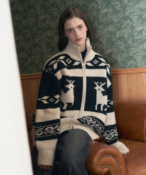 Nordic Knit Zip-up [CREAM/BK] | ファッション通販サイト NUGU