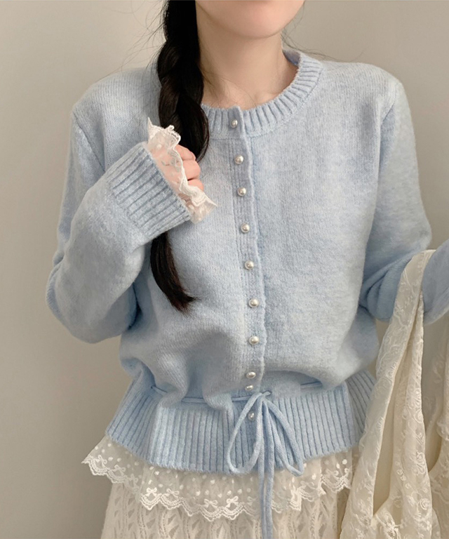 2color) パールボタンレースウエストマークカーディガン