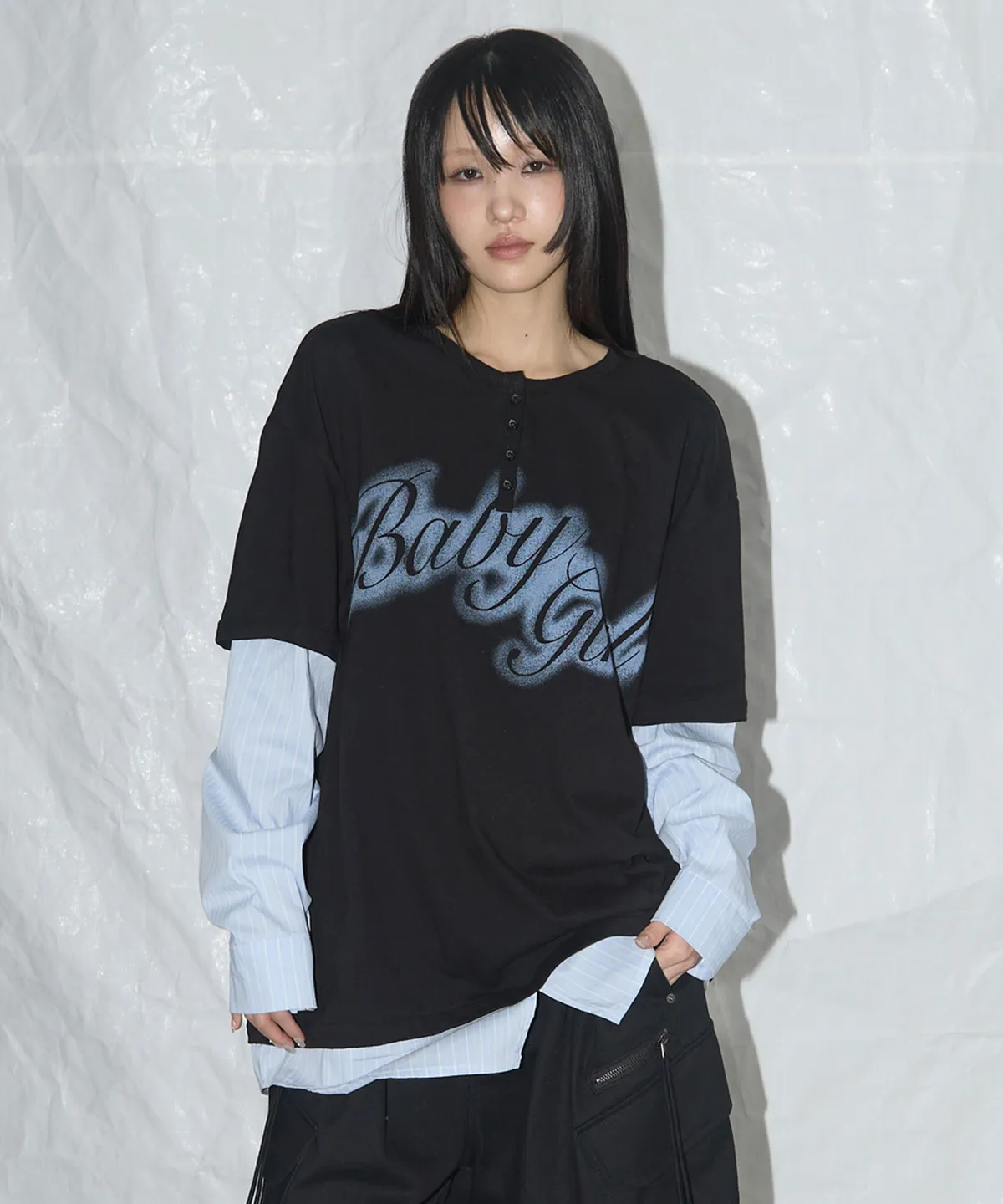 [FANCY CLUB] BABY GIRL STRIPE LAYERED TEE F25QB085 /追跡付 K-POPアイドル着用] Baby Girl Stripe Layered Tee (Black