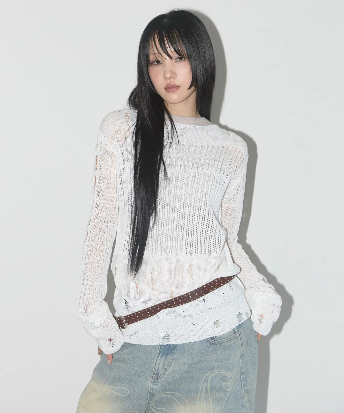 Influencer pick] Lace Shirring Top & Scarf (Gray) F25QB087