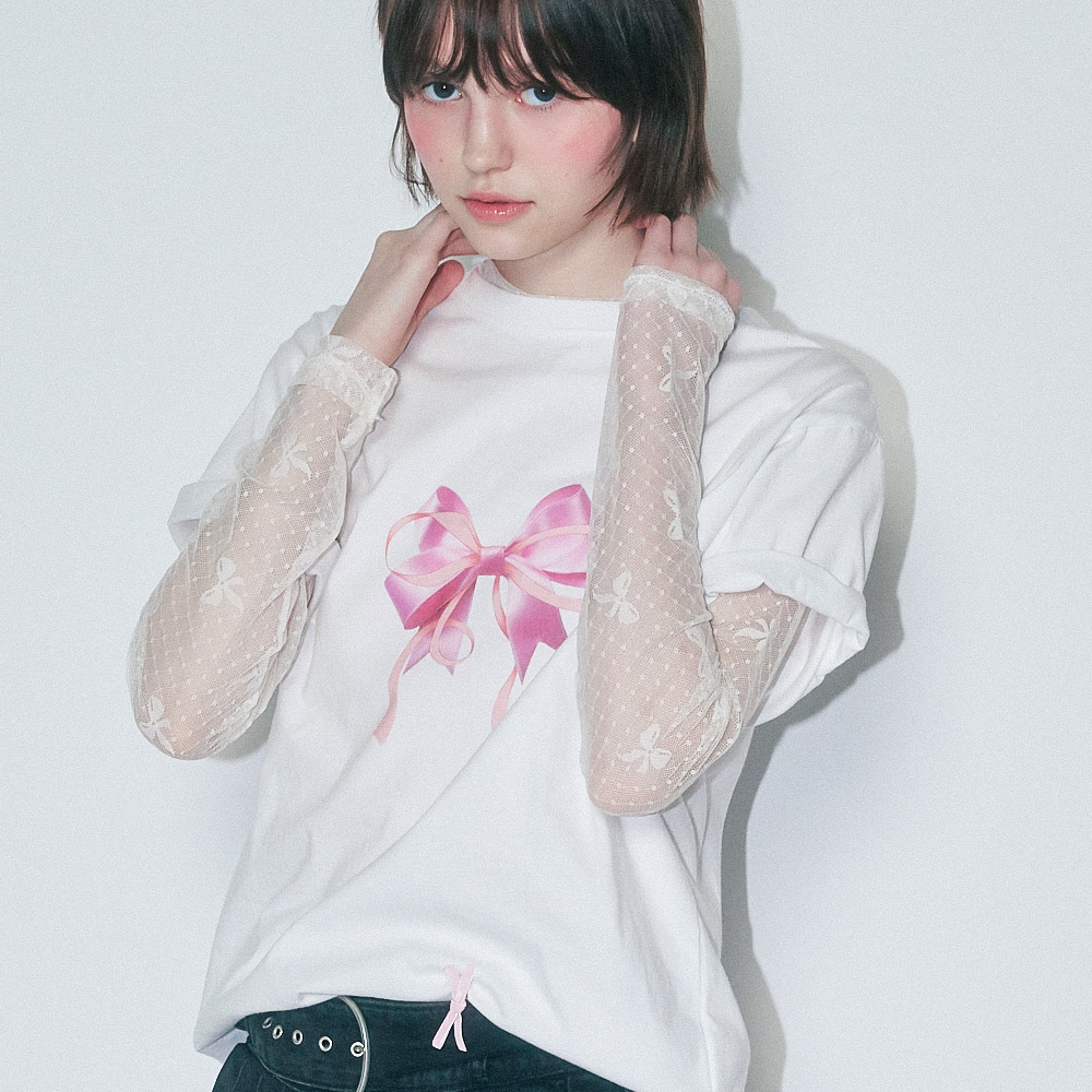 DOUBLE RIBBON BASIC FIT T SHIRT BLACK PINK | ファッション