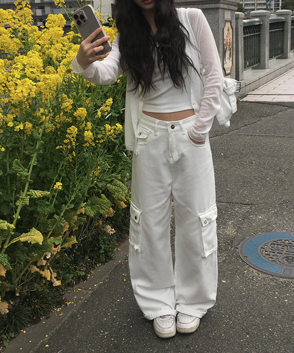 低身長おすすめ] ワイドコットンアイボリーカーゴパンツ