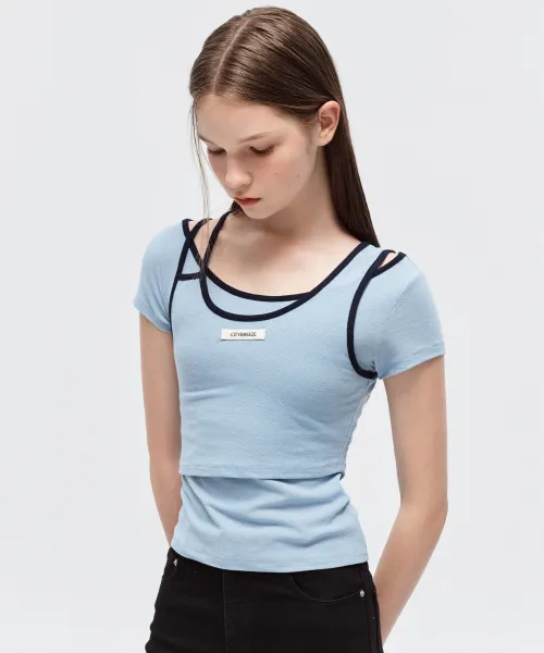 CTH2) Colorblock Line Layered Short Sleeve T-Shirt-BLUE