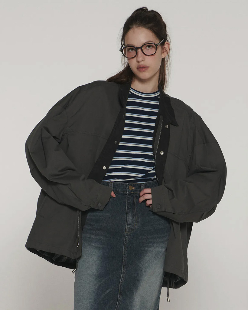 バイカラーコーデュロイカラーバーバーハンティングトラッカージャケット [チャコール]