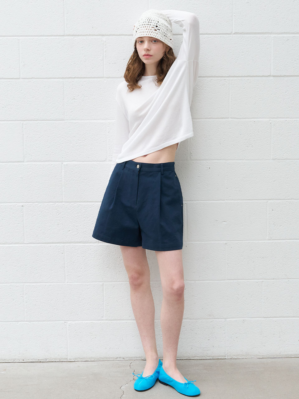 A-line one tuck cotton short [KNSS07PT02]_Navy