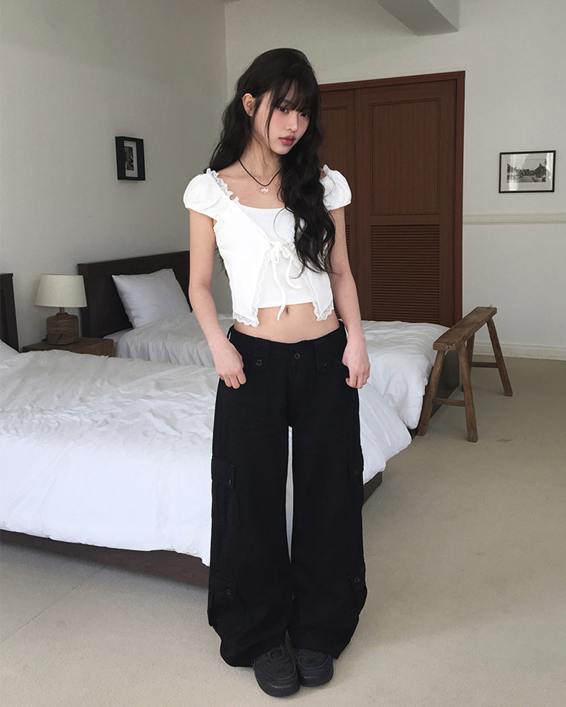 モデル絶賛] Y2Kフラップポケットカーゴワイドパンツ (2color