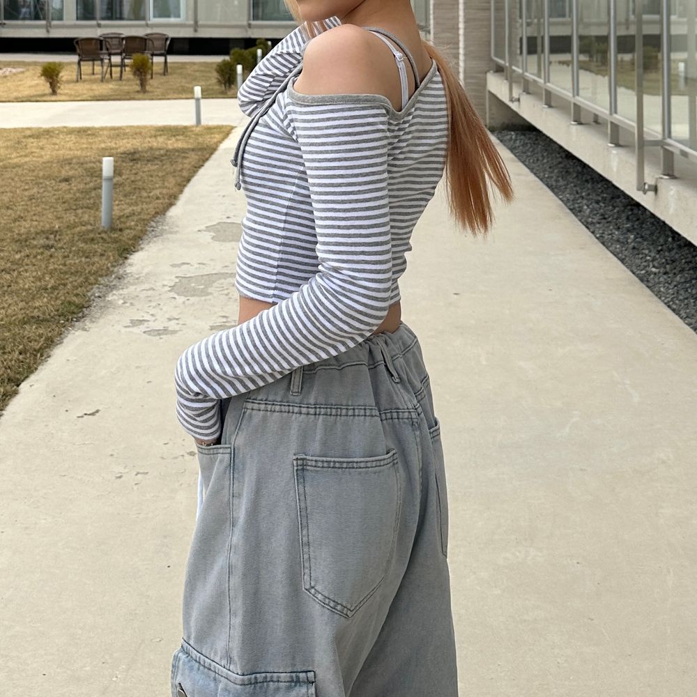 ボーダーオフショル紐クロップドTシャツ | ファッション通販