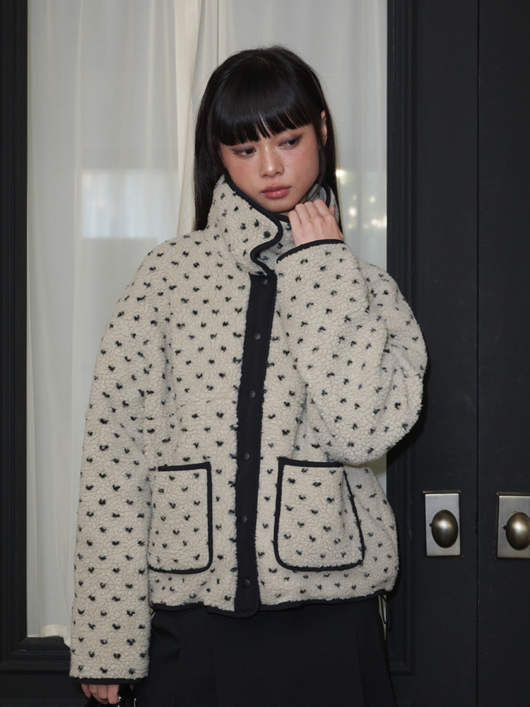 heart Dot Pattern Fleece Jacket_Ivory