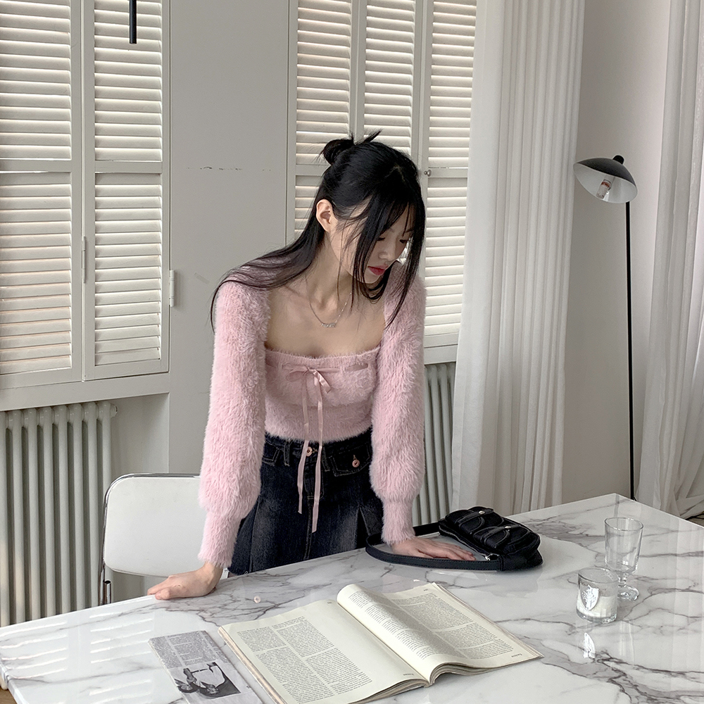 アンサンブル Ribbon bare top + cropped cardigan SET / リボンベアトップ＋クロップドカットソーカーディガン フリルヘムクロップドリボンカーディガン /Frill Hem Cropped