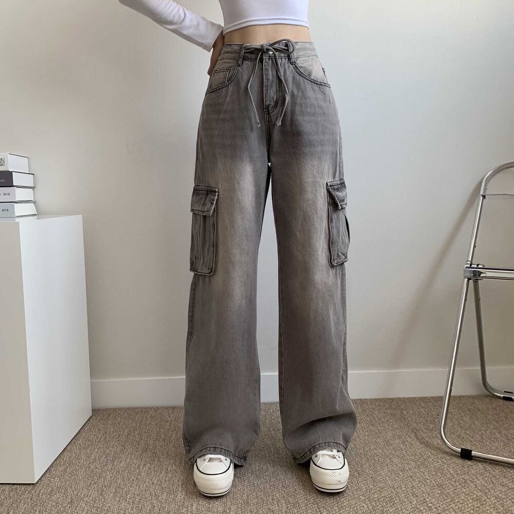 ハイウエストストリングカーゴウォッシュロングワイドデニムパンツ