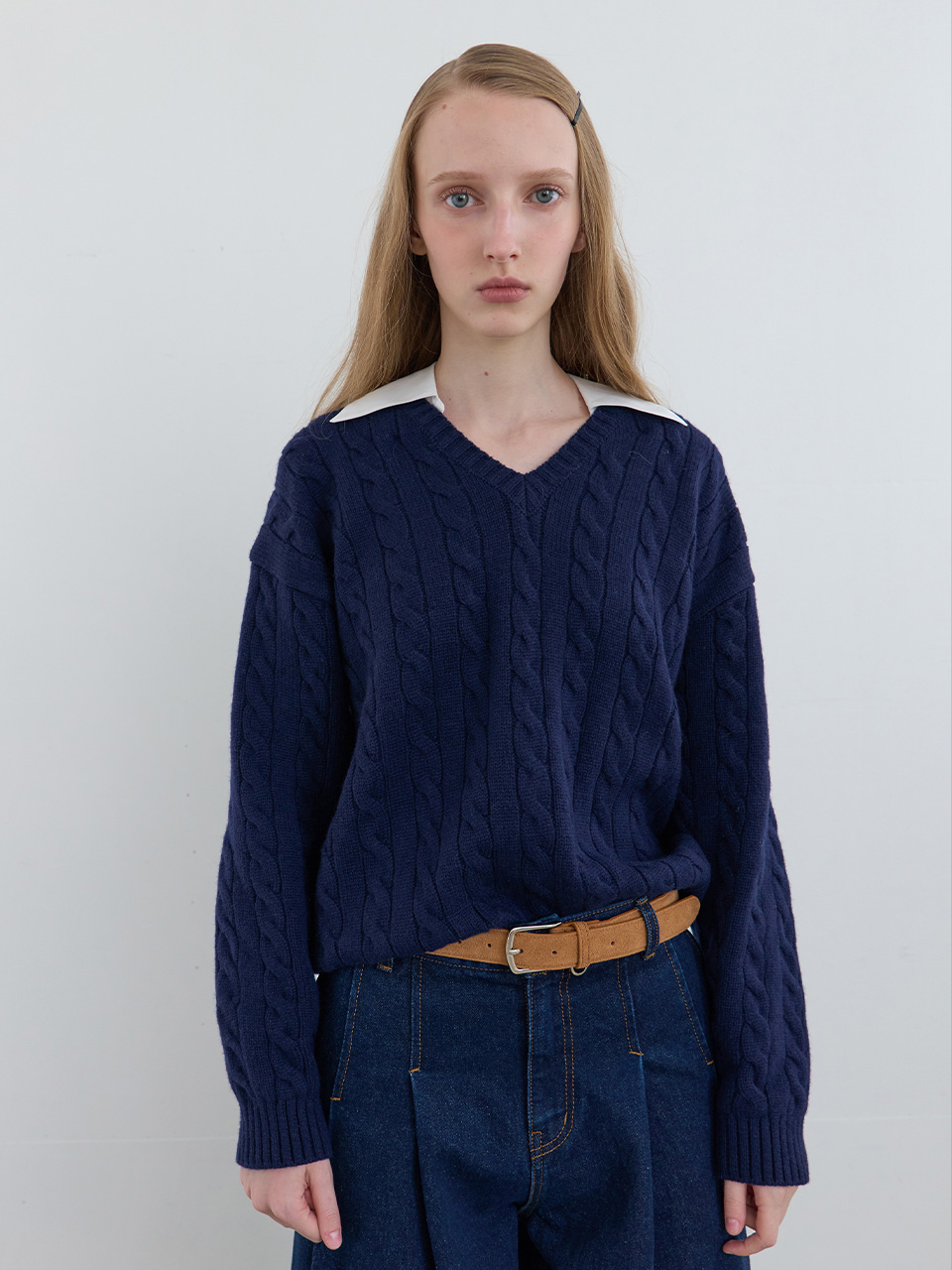 Shirt Collar V-Neck Knit Navy | ファッション通販サイト NUGU