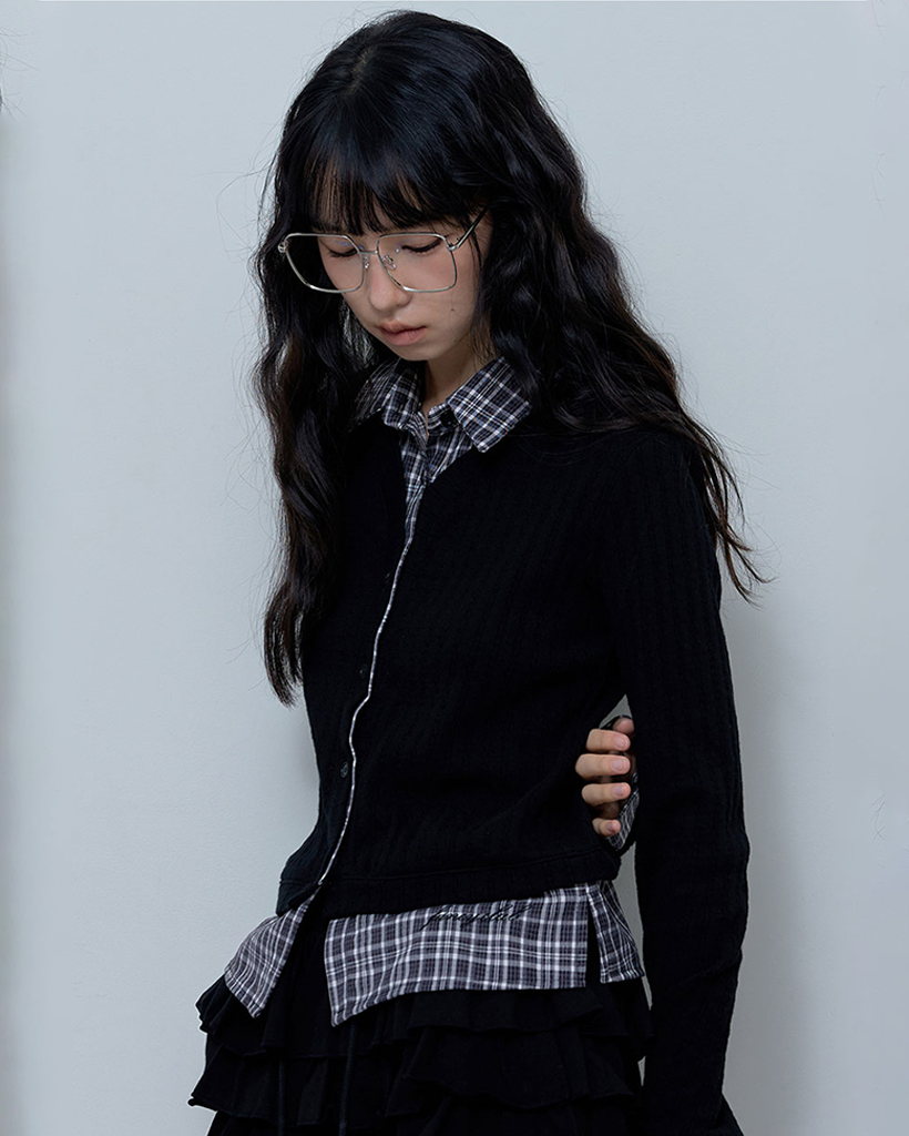 [Influencer pick] CHECK SHIRT LAYERED CARDIGAN (BLACK)_F24ZB066