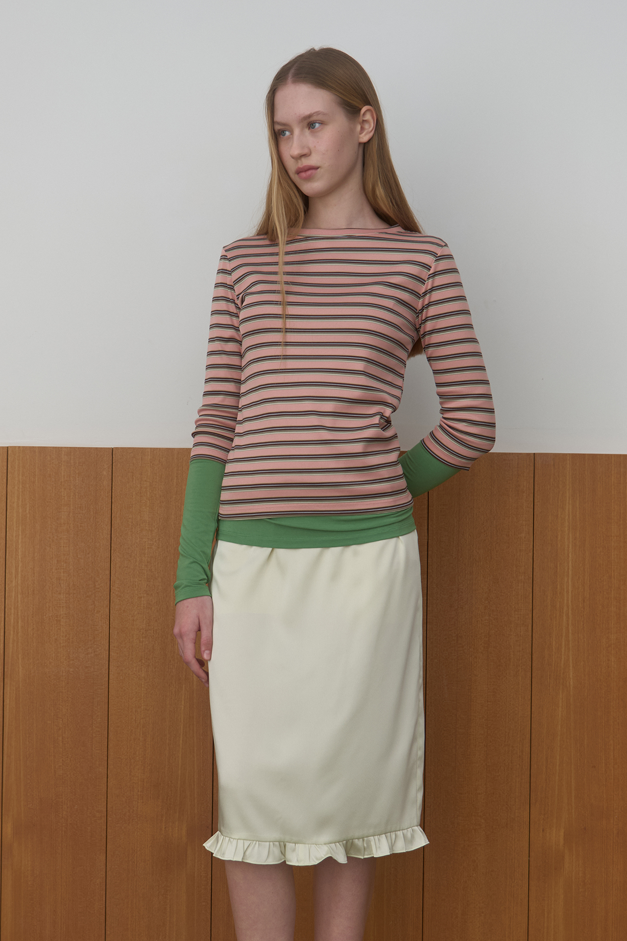 STRIPE 3/4 SLEEVE T-SHIRT_PINK/BROWN
