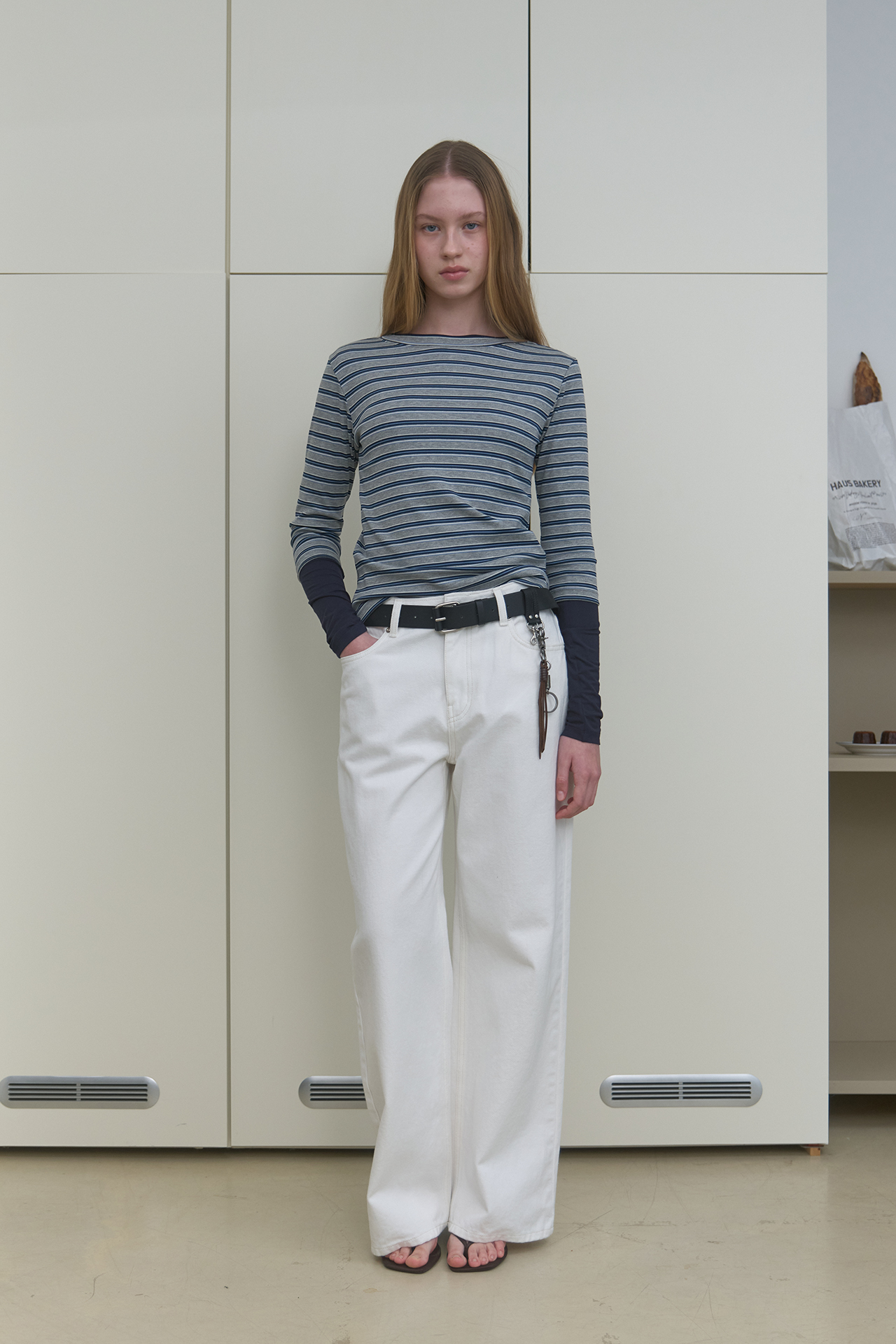 STRIPE 3/4 SLEEVE T-SHIRT_GREY/NAVY