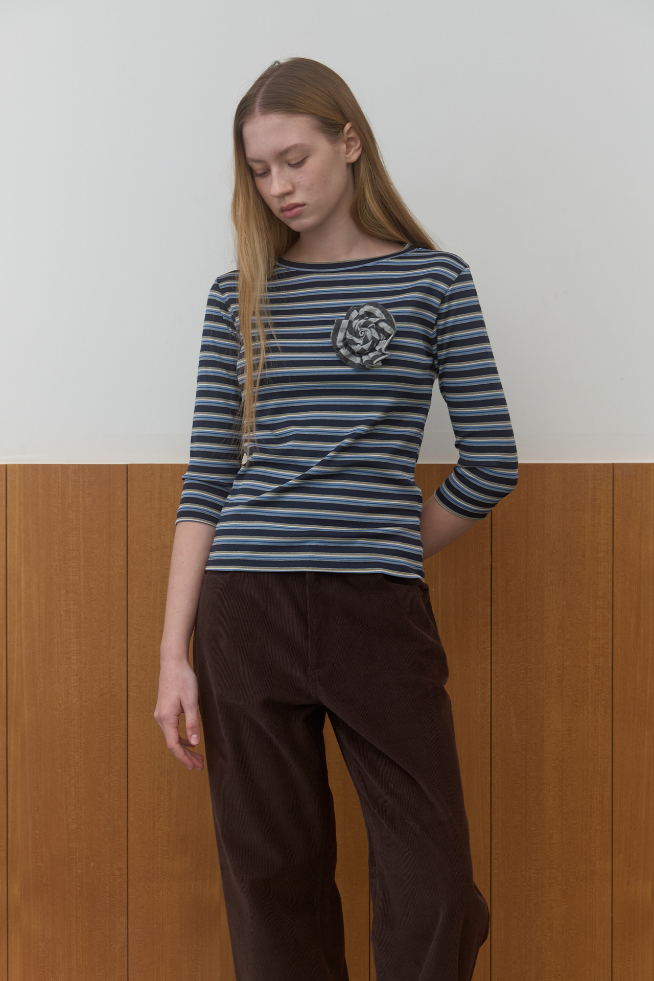 STRIPE 3/4 SLEEVE T-SHIRT_NAVY/BLUE