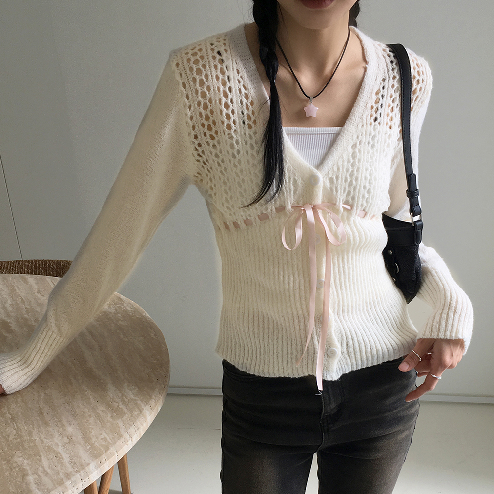 バレエコアリボン紐パンチングニットカーディガン | ファッション通販