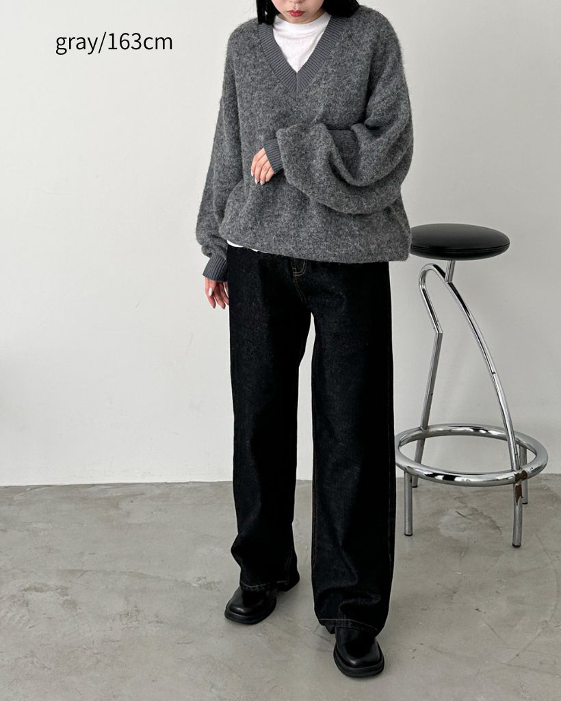 ハンドウォッシャブル】ウール混リブ異素材起毛Vネックニット