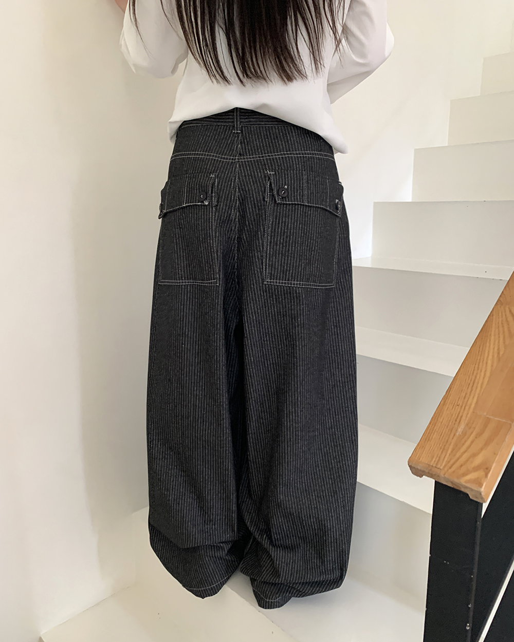 ストライプ ボーダービッグポケットデニムワイドパンツ | ファッション
