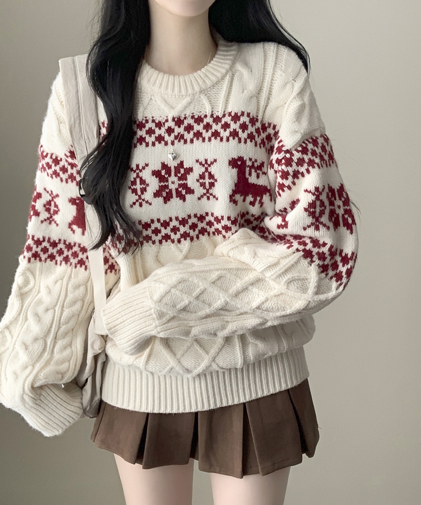 ラウンドノルディック柄ツイストケーブルオーバーサイズニット