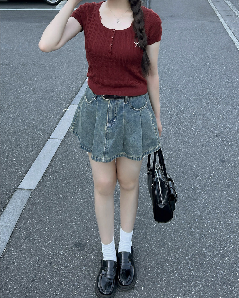 ベルトセット)デニムプリーツミニスカート | ファッション通販