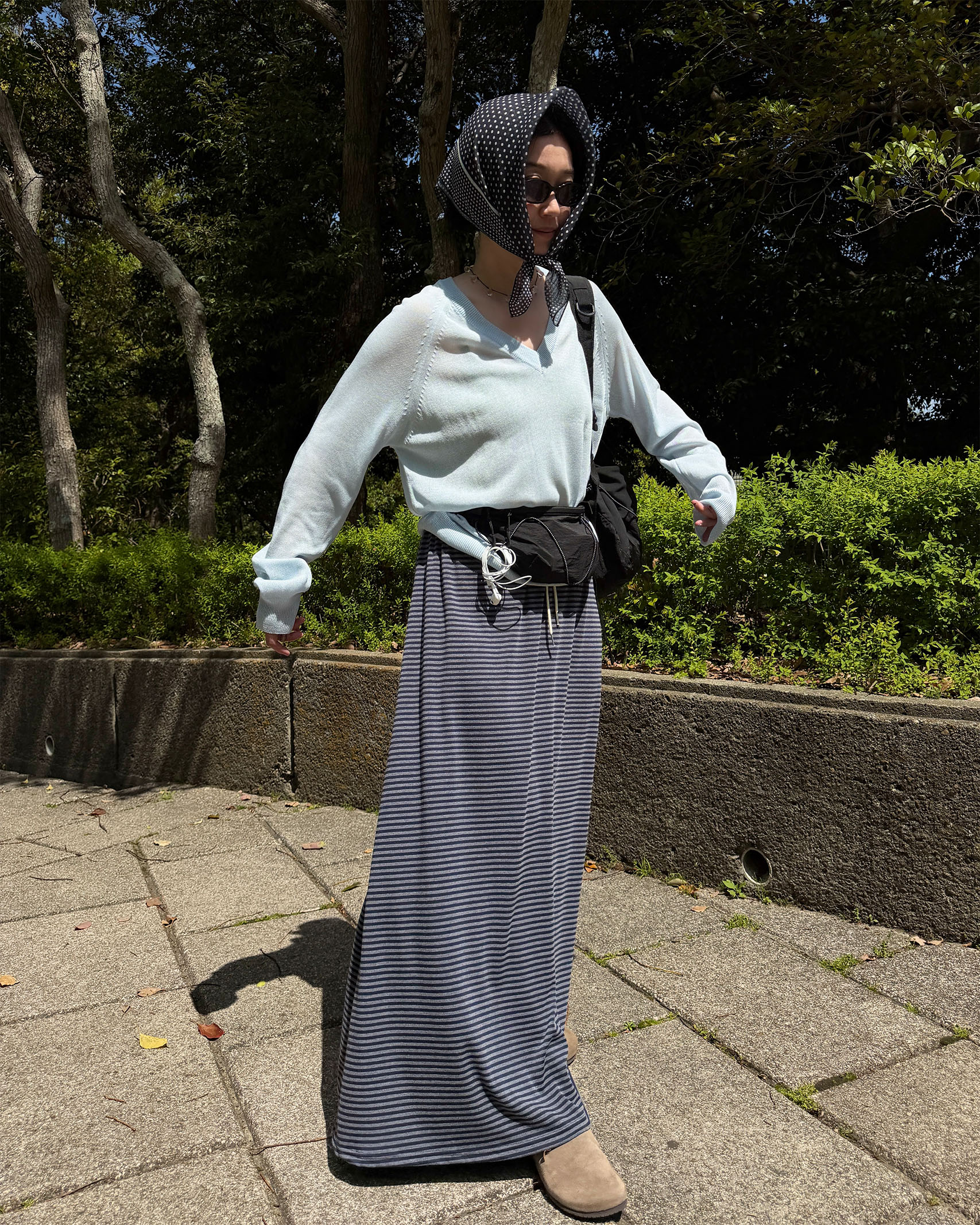 ボーダーウエストゴムロングスカート