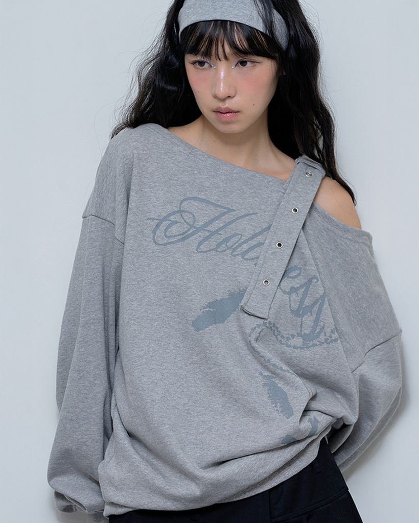 [Influencer pick] ONE-SHOULDER BUCKLE SWEATSHIRT (MELANGE GRAY)_F24ZB063