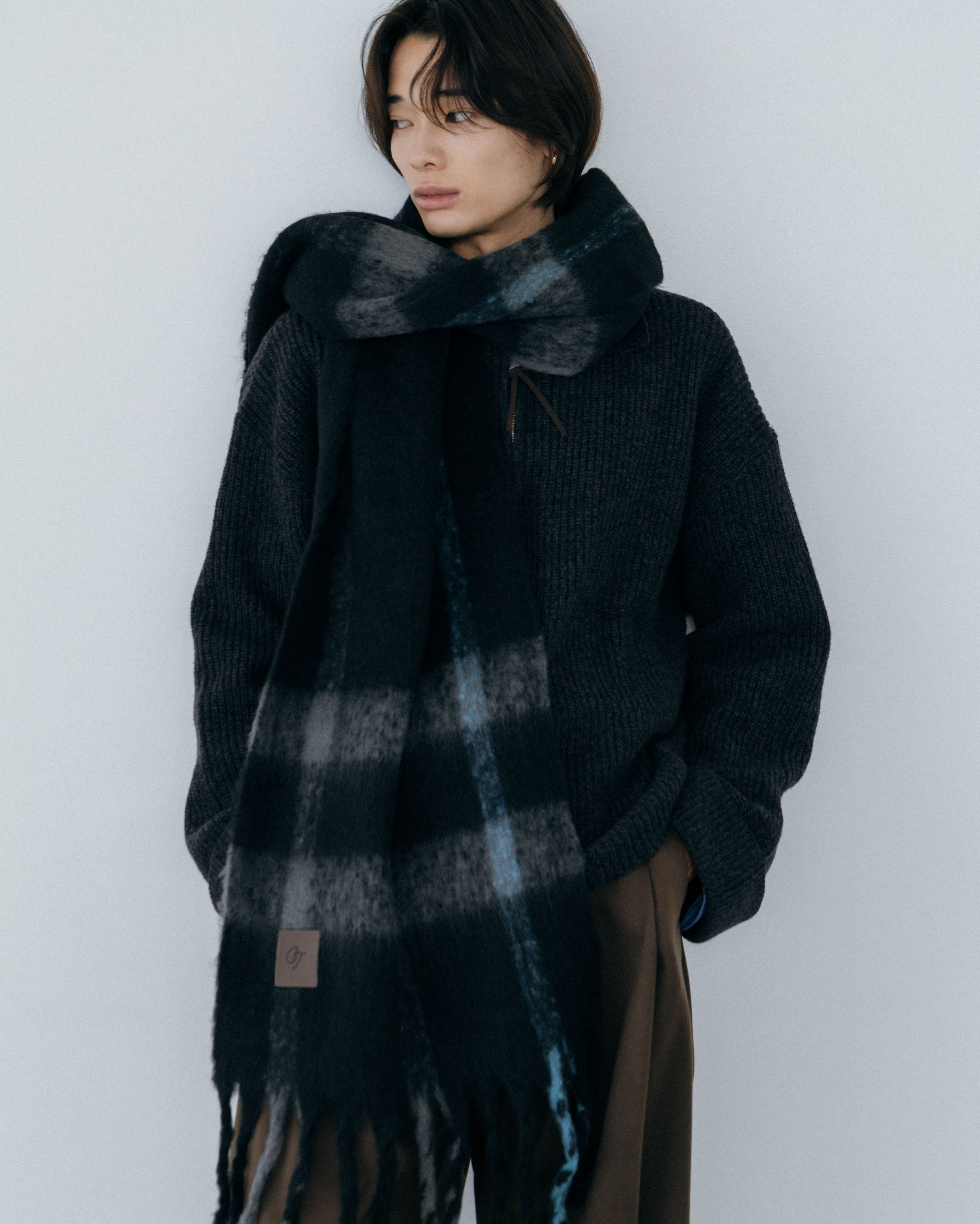 (ORIGINAL) フリンジチェックウールマフラー  (black)