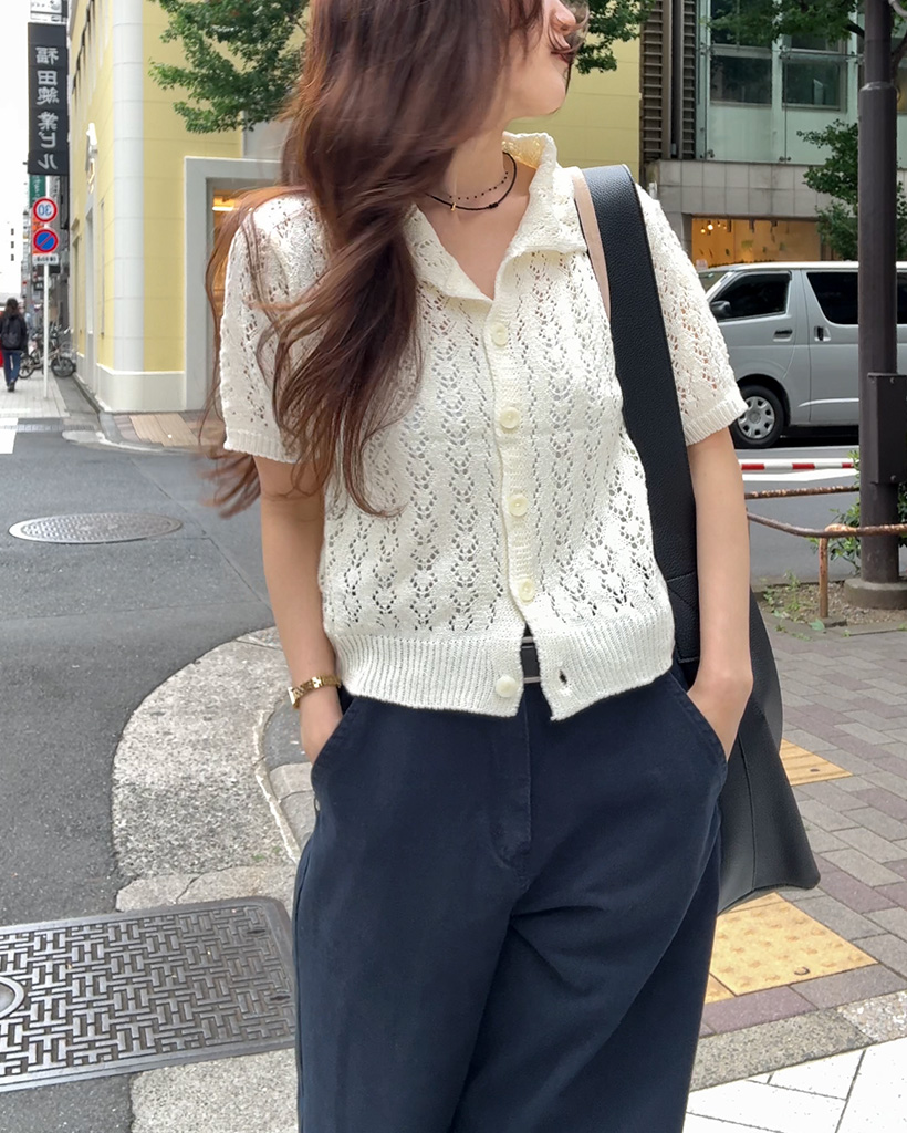 パンチングニットポロカーディガン