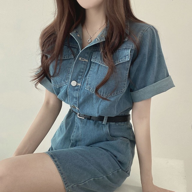 ベルト付き] デニム半袖ポケットミニワンピース | ファッション