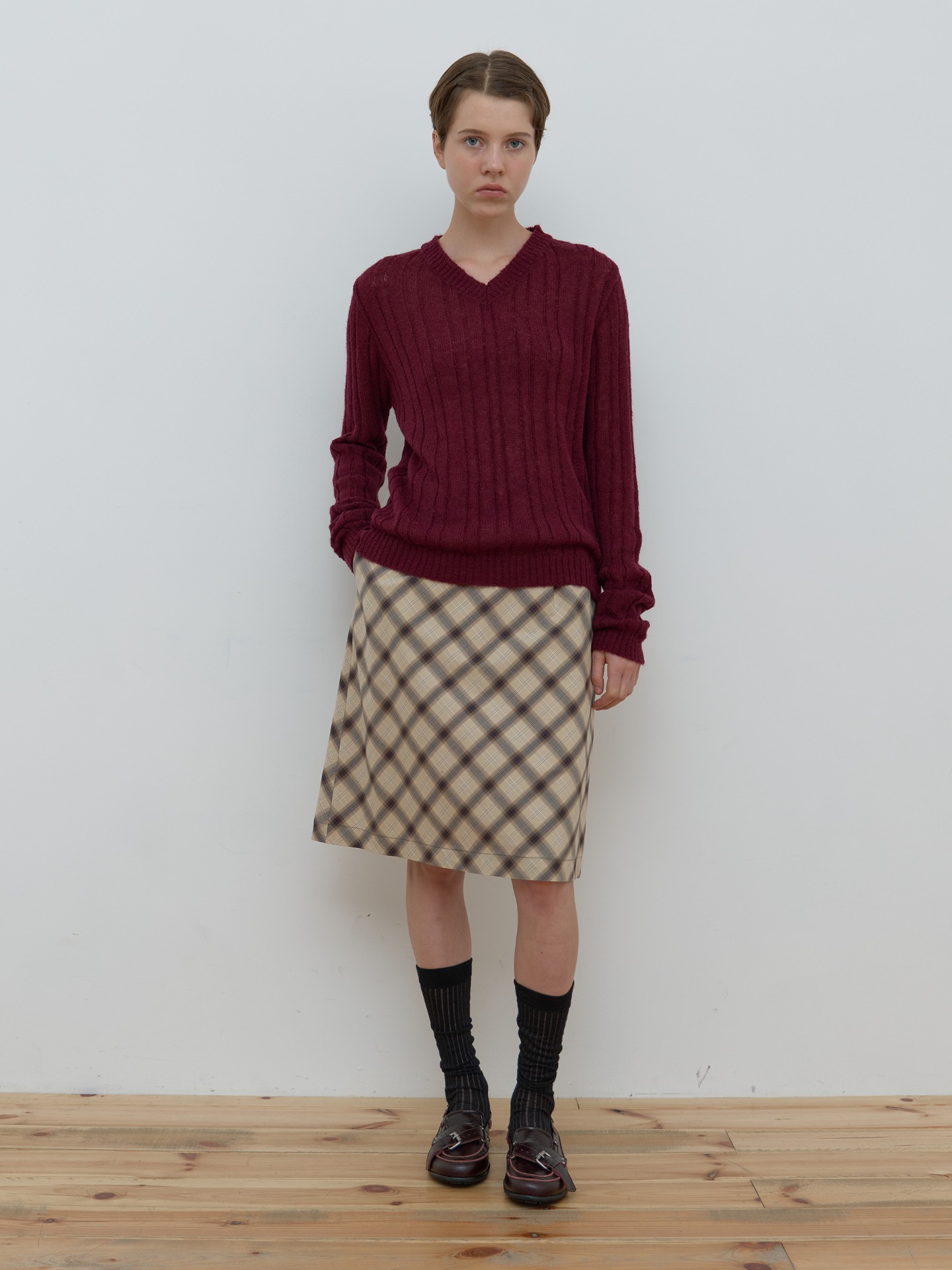 CHECK MIDI SKIRT_BEIGE