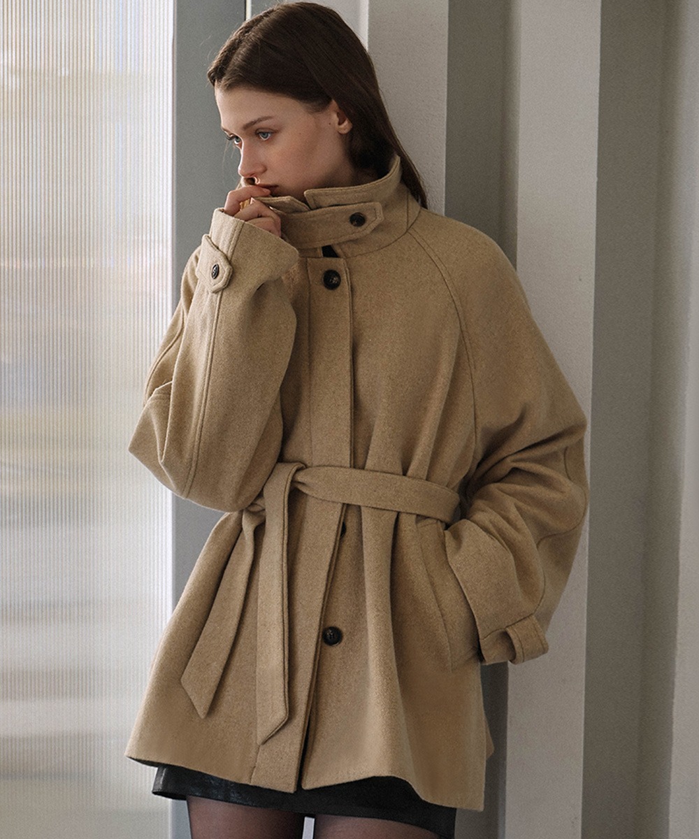Belted High-Neck Half Coat [Camel]