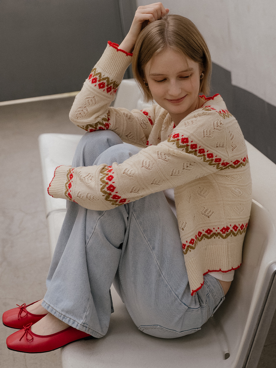 Flower jacquard cardigan [TISP06CD05]_Oat beige