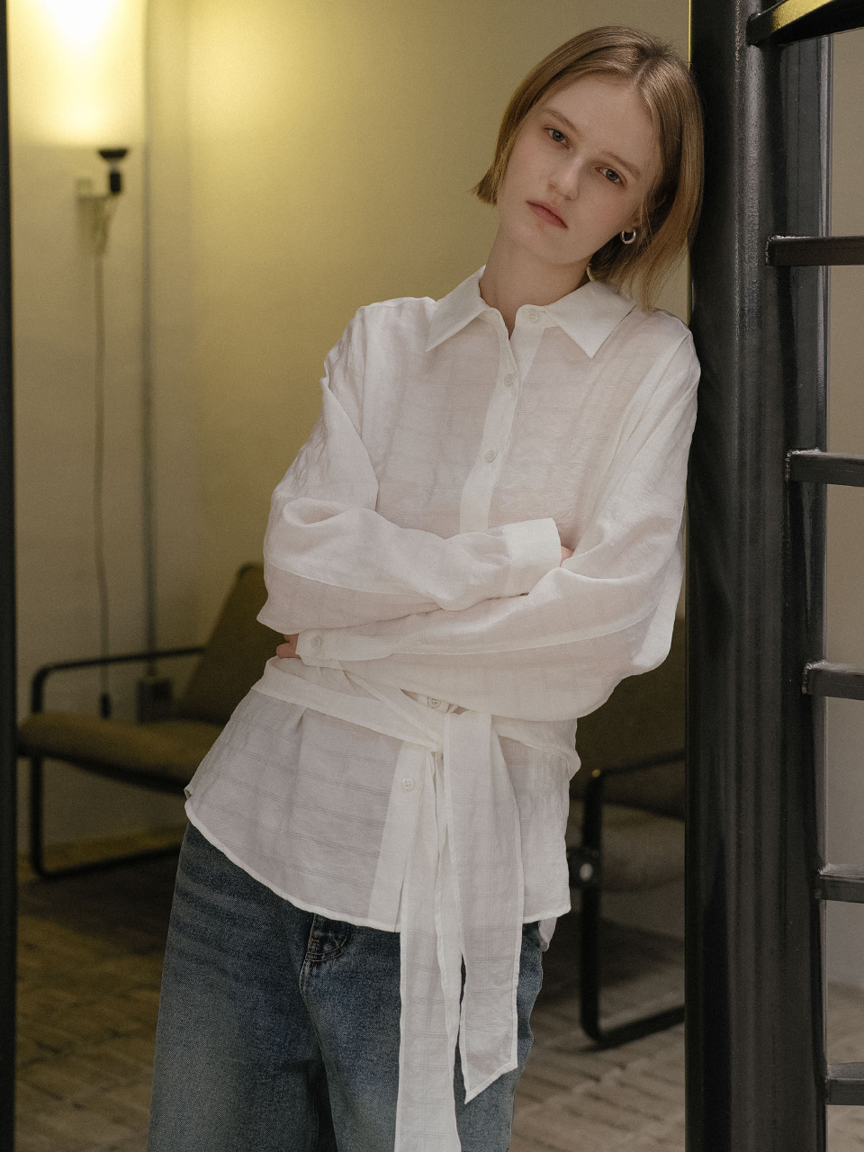 Tie-waist shirt blouse [TISP06BL01]_Ivory