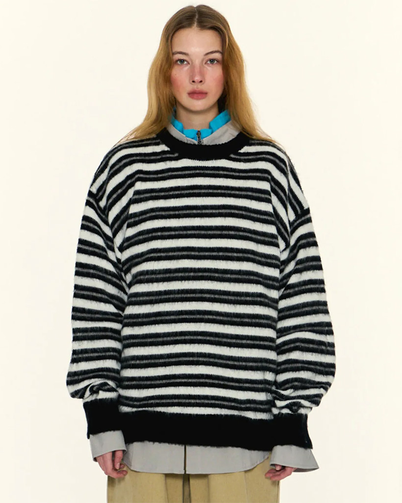 マルチボーダーバイカラーラウンドネック長袖オーバーフィットニット[ブラック]