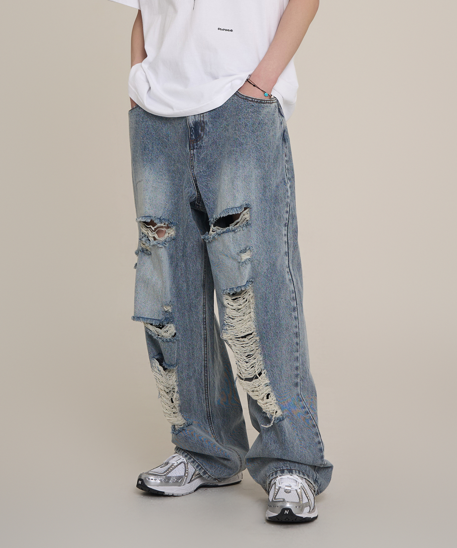 Distressed washed wide denim pants – YZ