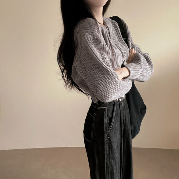 THE TOE グレー クロップドカーディガン断捨離 4カラー)クロップド透かし編長袖パーカーニットカーディガン