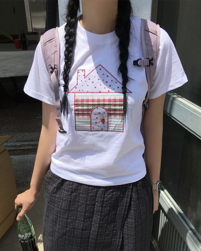 可愛いワッペン付き半袖Tシャツトップス (WHITE / NAVY)