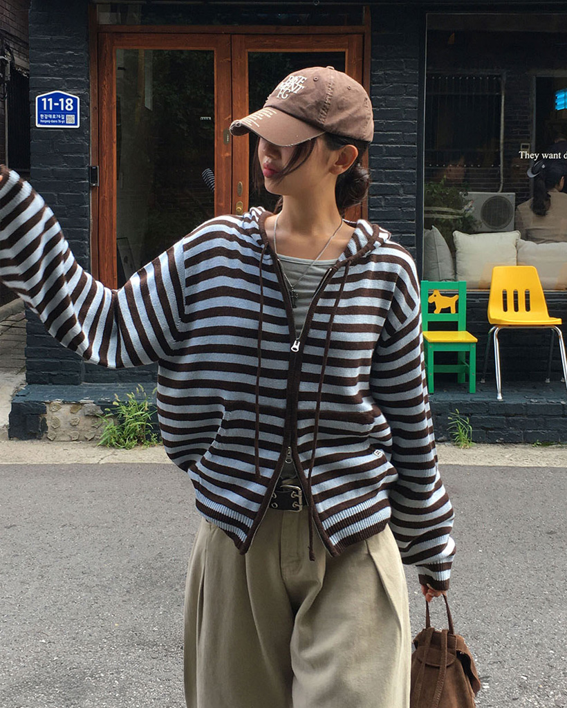 CRESCENT　カーディガン　ジップアップ　ニット　フード　ボーダー original] スペル フーディーボーダーニットジップアップ