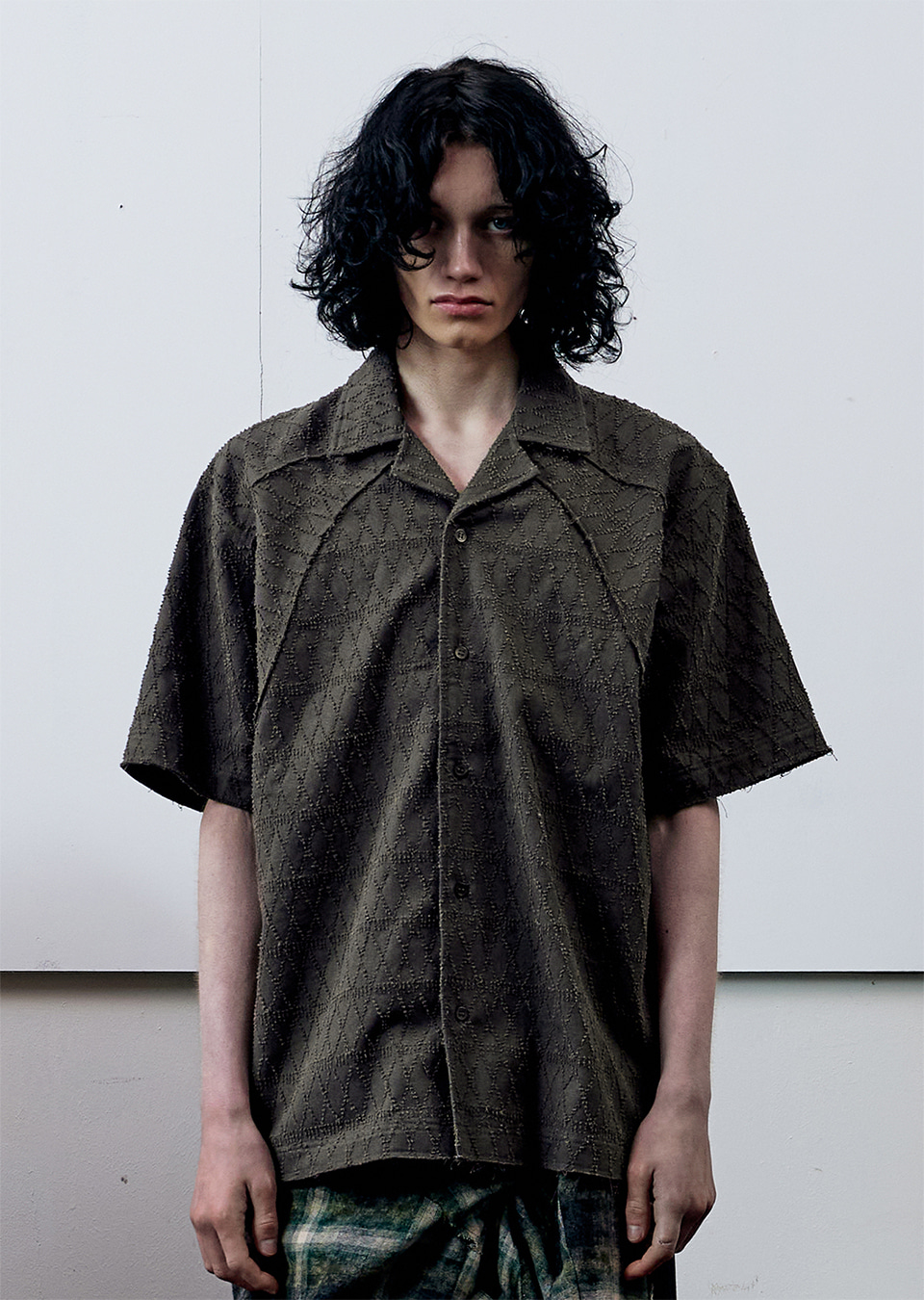 Crochet Open Collar Half Shirt - Black | ファッション通販