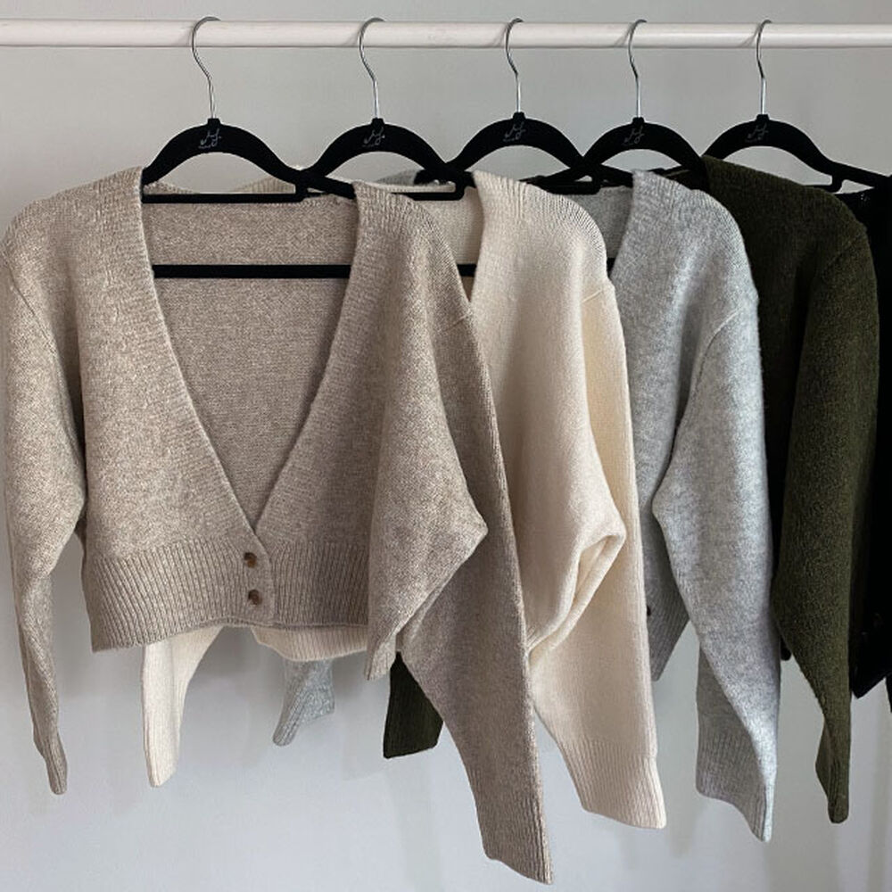 5color] ラップボタンクロップドVネック長袖ニットカーディガンT