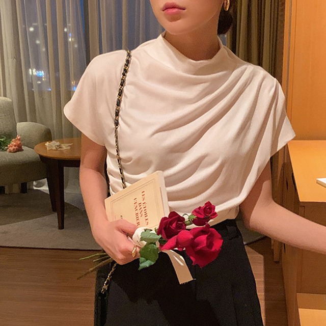 シャーリング半袖ブラウスTシャツ(5color)