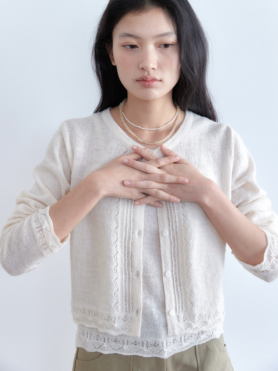 FRILL CROCHET LAYERED CARDIGAN [ CREAM ]