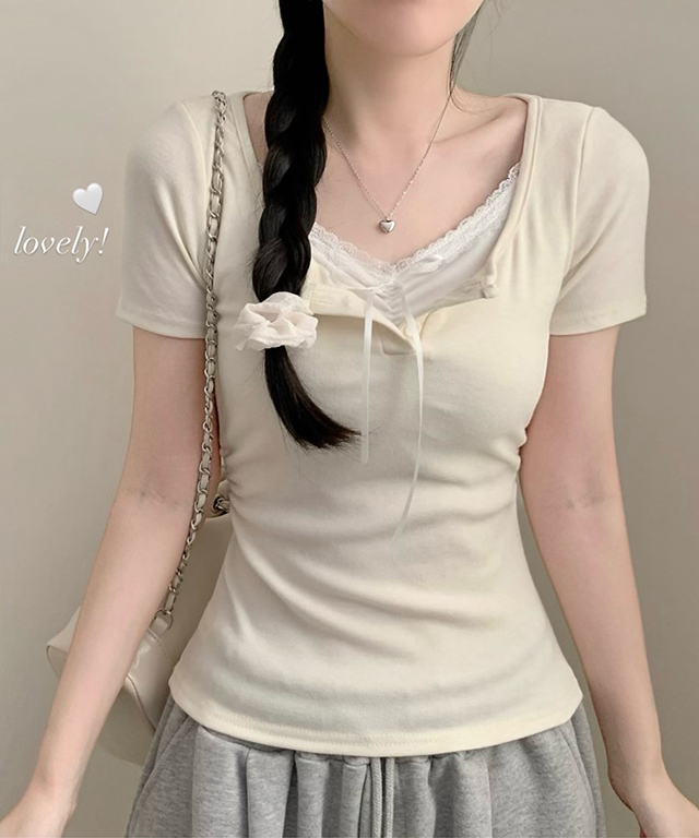 (5color)レイヤード風レース半袖Tシャツ